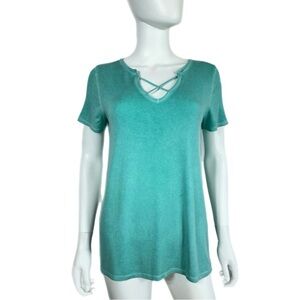 Arizona Jean Co. Turquoise Thin Sheer Criss-Cross V-Neck Tee
